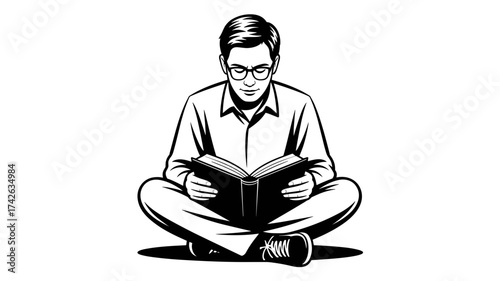 Focused student engrossed in a captivating novel, sitting cross-legged, vector illustration, inspiring learning and self-improvement.