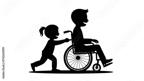 Heartwarming silhouette of a girl assisting a boy in a wheelchair, symbolizing inclusivity, care, and friendship, originally a vector graphic