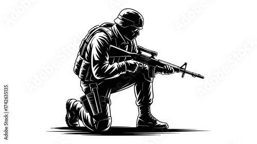 Powerful soldier kneeling with rifle, poised for action in combat gear, striking military vector illustration for strength and vigilance