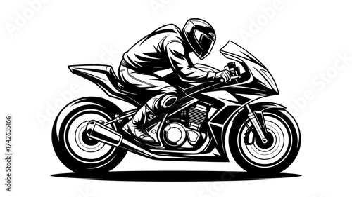 Dynamic motorcycle rider speeding, helmeted figure in action, racing adrenaline, powerful bike, exhilarating ride, perfect for moto enthusiasts