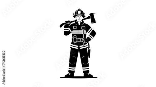 Brave firefighter with axe in protective uniform standing strong ready to serve in a dangerous situation, from original vector graphics
