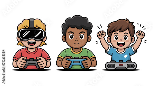 Excited kids playing video games with controllers and VR headset, joyful children gaming together, modern vector illustration