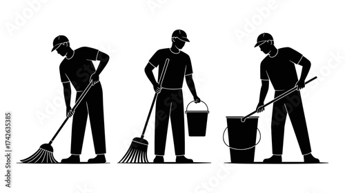 Professional cleaner sweeping with broom, mopping, and holding bucket – essential service worker, vector outline for cleaning company promotion