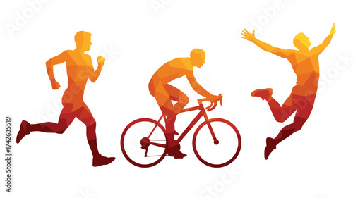 Dynamic geometric athletes in motion, embracing fitness and achievement, perfect for sports branding and motivational designs, athletic lifestyle art