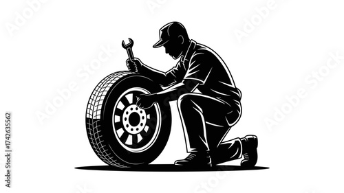 Automotive mechanic repairing car tire with wrench, professional service, vehicle maintenance, tire change, repair shop, skilled labor, silhouette