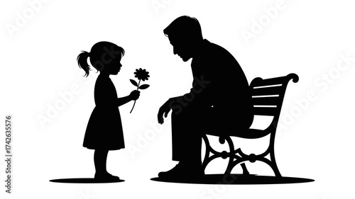 Sweet daughter gifts dad a flower while he sits on a park bench, capturing a tender family moment and pure love.