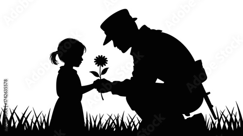 Heartwarming silhouette of soldier receiving a flower from child, a touching symbol of gratitude, appreciation, and respect for service and sacrifice