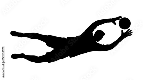 Dynamic goalkeeper diving to catch football, capturing athletic action and sport intensity in a sleek silhouette