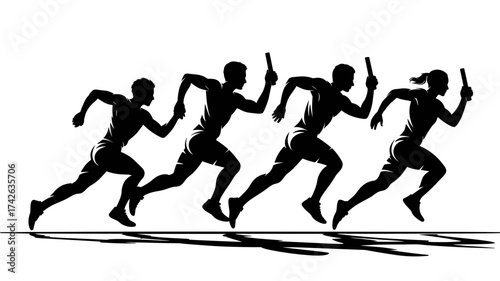 Dynamic relay race team in synchronized motion, capturing the essence of speed, teamwork, and athletic pursuit.