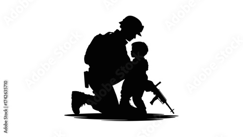 Heroic soldier kneels protectively beside a child holding a rifle, symbolizing hope and future.