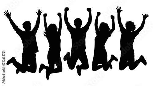 Dynamic group of diverse friends celebrating success with joyful, energetic leaps, capturing pure elation and achievement together