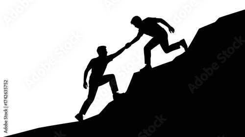 Determined individuals collaborating to conquer challenging ascent, symbolizing teamwork and mutual support on a steep incline.