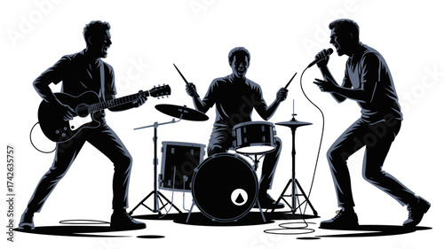 Dynamic band performing energetic live music with guitarist, drummer, and vocalist in silhouette