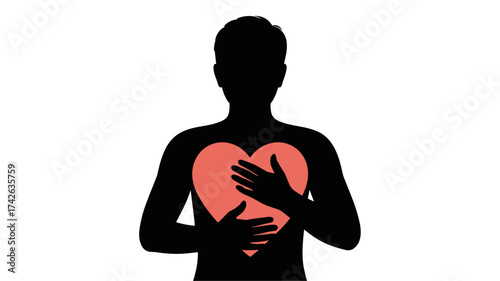 Empathetic figure embracing a vibrant heart symbol, conveying deep care and emotional connection for health and wellness concepts.