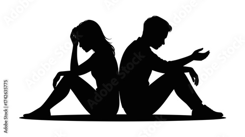 Couple facing emotional distance and communication breakdown, sitting back to back in silhouette