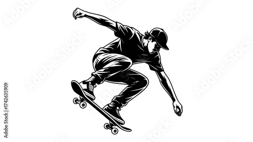 Dynamic skateboarder executes aerial trick with intense focus, capturing urban youth culture and extreme sports energy