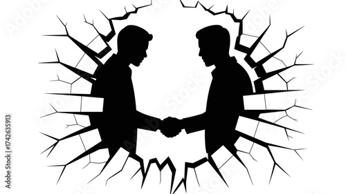 Two silhouetted businessmen shake hands emerging from a dramatic cracked wall, symbolizing partnership and breakthrough success