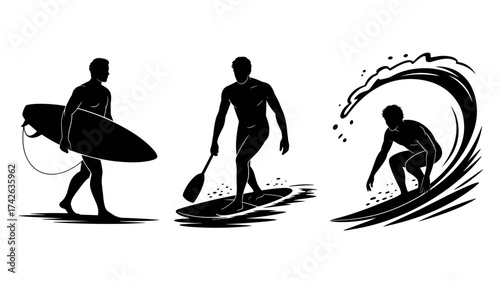 Dynamic surfers ride waves and paddleboard, capturing the thrill and freedom of ocean sports for active lifestyle content.