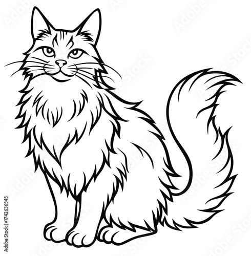 Elegant Black and White Illustration of a Fluffy Cat, Ideal for Coloring Pages, Featuring Detailed Fur and a Playful Pose, Suitable for Various Design Projects