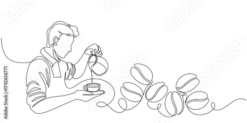 Continuous line art drawing of a barista pouring coffee or milk into a cup. Ideal for cafe themes and beverage concepts.