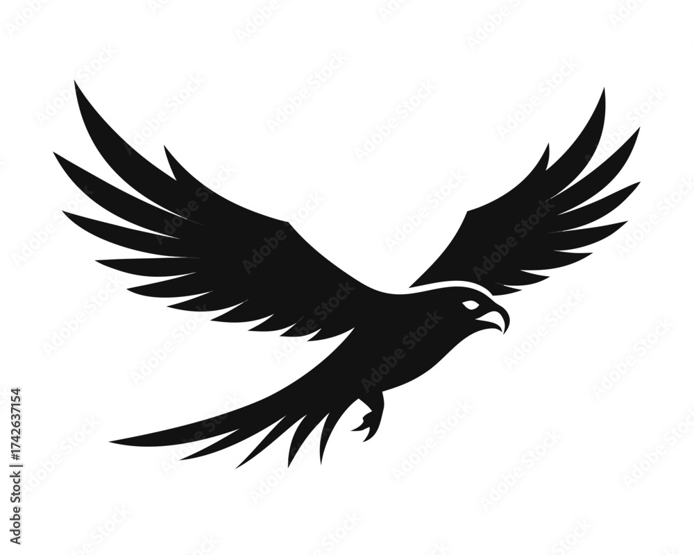 Obraz premium Minimalist black vector of a flying eagle, clean white background