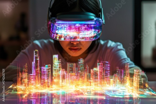 A person immersed in a vibrant, futuristic city simulation through an advanced VR/AR headset, witnessing a holographic cityscape projection come to life. Digital urban planning and extended reality.