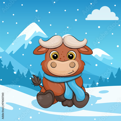 Cute cartoon Buffalo with blue scarf in winter. Vector Illustration landscape with animal, snowy mountains and falling snow.