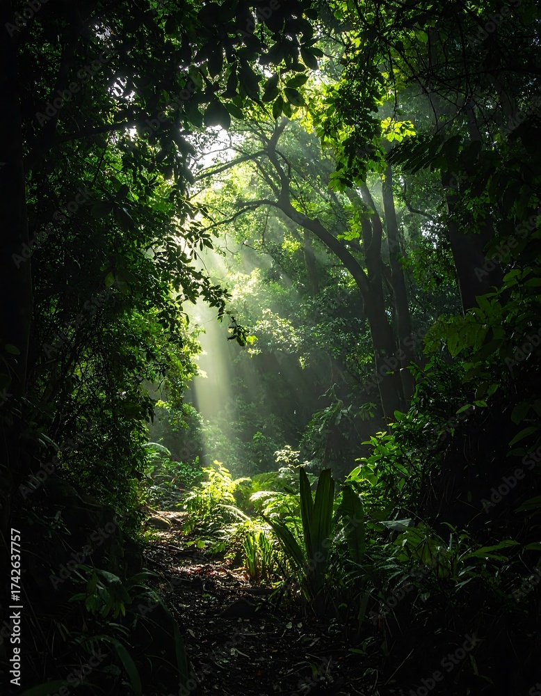 Fototapeta premium Sunlit Path Through the Lush Green Forest.