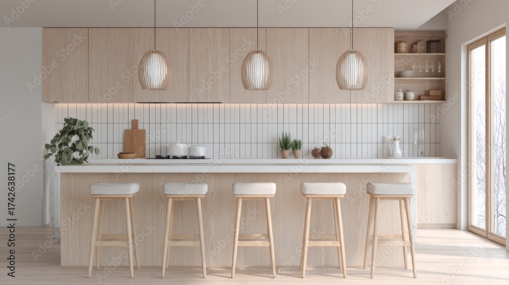 Fototapeta premium Minimalist kitchen interior with wooden cabinets and modern bar stools