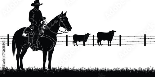 Cowboy silhouette, horseback rider, rural scene, cattle fence, western lifestyle, barbed wire, livestock management, tall grass, country life, ranch culture, pastoral landscape