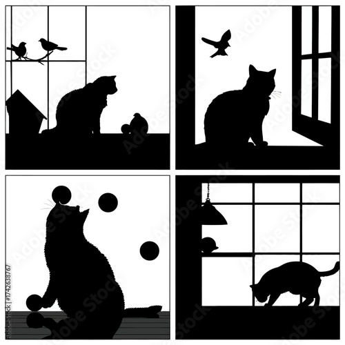 Set of four black cat silhouettes illustrating domestic life: watching birds through windows, playful juggling, and curious observation.
