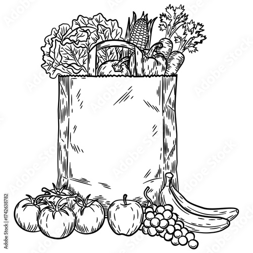 Paper package with fresh healthy produce. Organic products from the farm. Vegetables, fruits, corn, apples, bananas, tomato. Vector hand drawn design sketch illustration isolated on white background