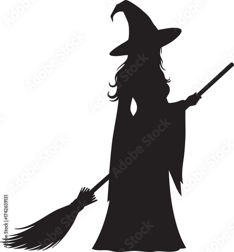 Silhouette of a witch flying on a broomstick perfect for halloween designs, spooky themes, or magical illustrations ideal for adding a touch of enchantment