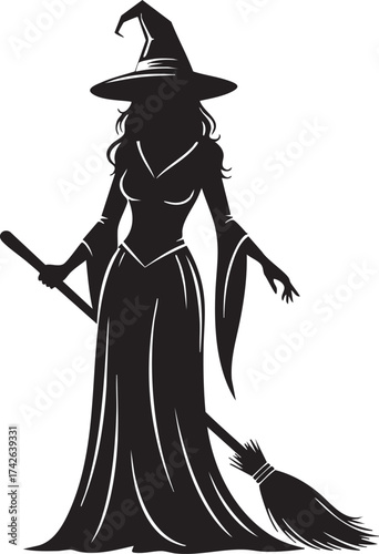 Silhouette of a witch standing with a broom perfect for halloween designs, spooky themes, or magical illustrations ideal for adding a touch of enchantment