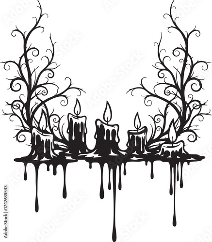 A spooky candelabra with melting candles and eerie branches, , perfect for halloween decorations, gothic themes, or adding a touch of macabre elegance to designs
