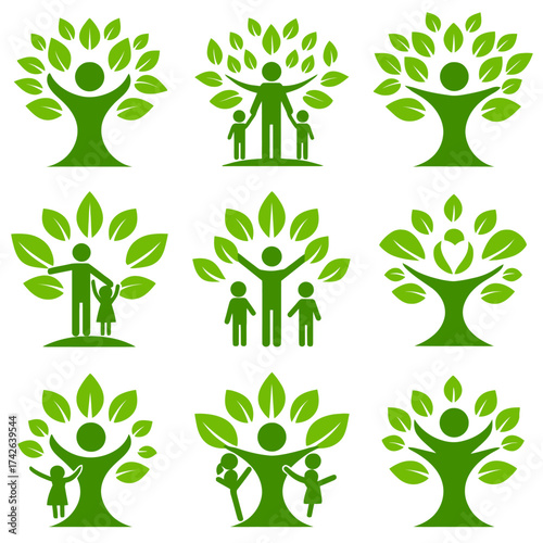 Green Human Tree Icons Set: Symbolizing Family, Community, Nature, and Environmental Growth, Vector Graphics Collection