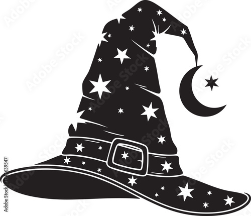 A whimsical witch hat adorned with stars and a crescent moon, , perfect for halloween designs, magical themes, or adding a touch of enchantment to projects