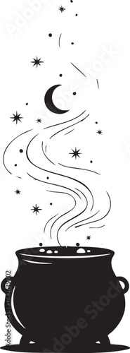 A black cauldron with smoke, moon and stars, , creating a magical and mystical atmosphere, perfect for halloween or fantasy themes