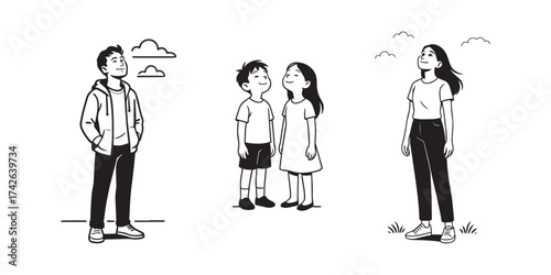 Family looking at the sky vector illustration – parents and children enjoying a peaceful outdoor moment in minimal line art style