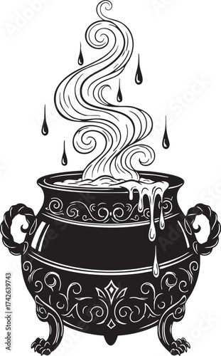 A black cauldron with swirling vapor and dripping liquid, creating a mystical ambiance, the cauldrons contents suggest powerful spells and arcane rituals