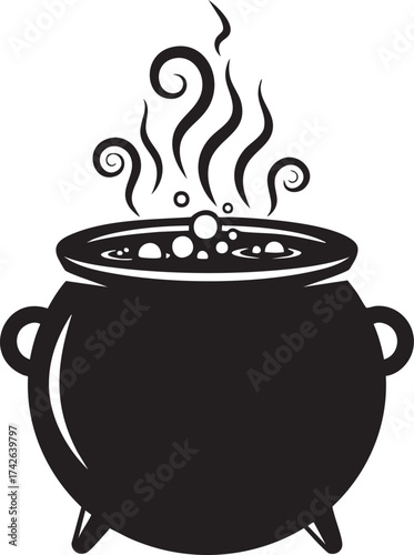 A bubbling black cauldron with swirling steam, creating a bewitching atmosphere, the cauldrons contents hint at potent potions and mysterious concoctions