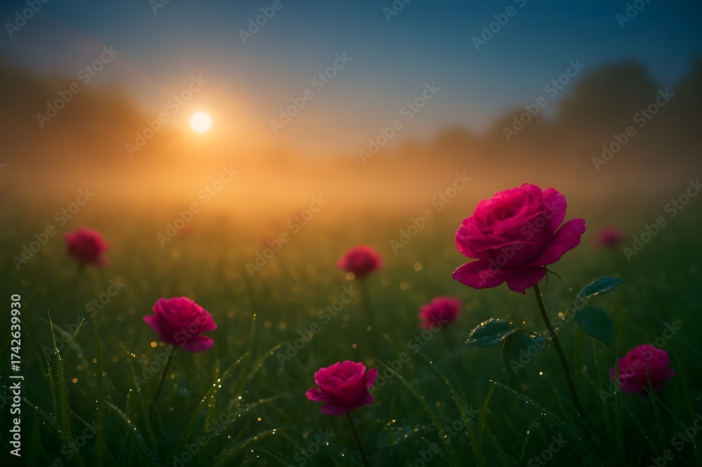 Fototapeta premium Magenta Meadow in Amber Fog – Cinematic Surreal Sunrise Field