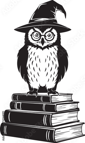 An owl wearing a wizard hat and glasses is perched atop a stack of books, this whimsical illustration is perfect for book lovers and fantasy enthusiasts