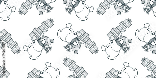 Cheerful christmas snowmen carrying various gift boxes, seamless pattern, outline vector hand drawings, background, wallpaper, paper, wrapper