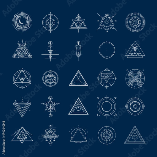 Ancient mystical sacred geometry symbols set. Esoteric alchemy, spiritual magic, and occult vector signs collection on dark blue.