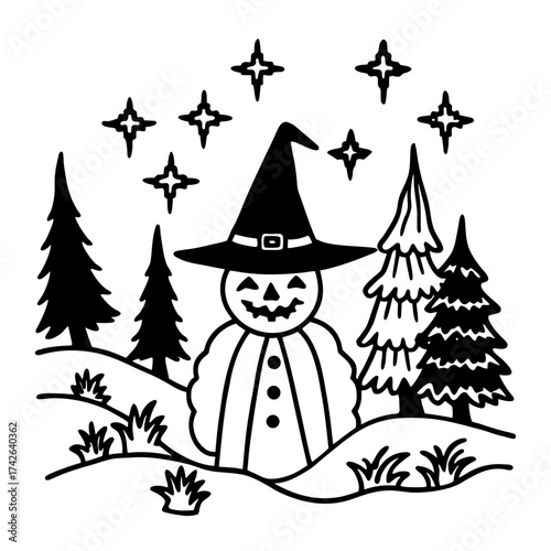Whimsical witch halloween snowman vector illustration festive spooky night scene scalable graphic illustration