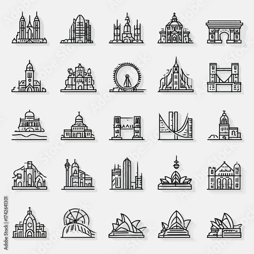 Modern Line Art Vector Icons of International Buildings and Famous Architectural Structures Collection. Global City Landmark Silhouettes.