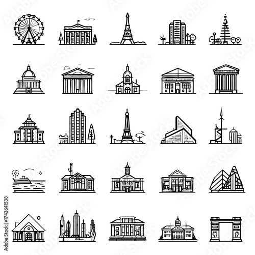 Vector line icons of diverse architectural landmarks and famous city buildings. Collection of travel destination structures, monument illustrations.