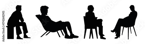 Silhouettes of people sitting in chairs and lounge on black background