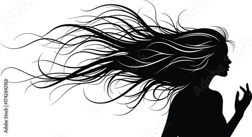 Silhouette profile, flowing hair, wind motion, elegant strands, expressive gesture, black illustration, white al storytelling, stock image, silhouette vector